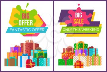 Big fantastic sale offer only this weekend promotional posters with gift boxes collected in big heap and sign on paint blot vector illustrations.