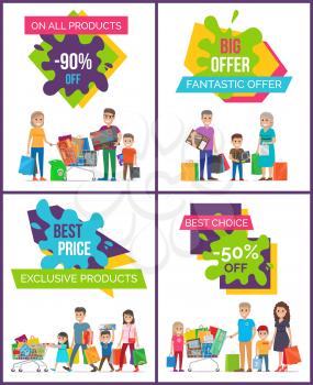 On all products -90 off, big and fantastic offer, banners depicting icons of shopping people, headlines above vector illustration isolated on white