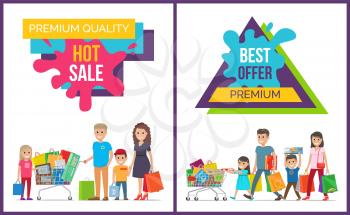 Premium quality best offer, hot sale, promotional posters representing kids by cart filled with bags and parents beside on vector illustration