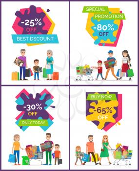 Best discount -25 off, special promotion only today, placards made up of titles, icons of people and their bought stuff vector illustration