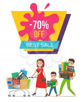-70 off best sale, poster depicting headline, woman with cart wearing red dress, boy and man with bags on vector illustration isolated on white