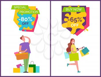 Special promotion -80 and buy now -65 off, posters depicting man looking somewhere and woman with bags walking forward vector illustration