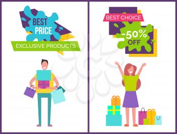 Best price and exclusive products and best choice -50 off banners set with standing man and woman and presents with bags vector illustration