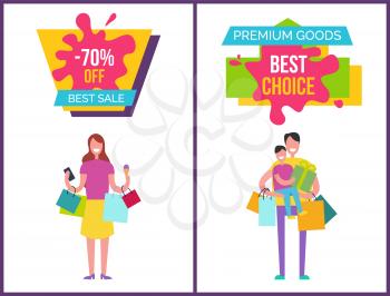 -70 off best sale and premium goods and choice, collection of banners with woman with ice-cream and father and son vector illustration
