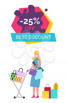 -25 off best discount promotional banner depicting woman standing with cart and bags in it, icons on vector illustration isolated on white