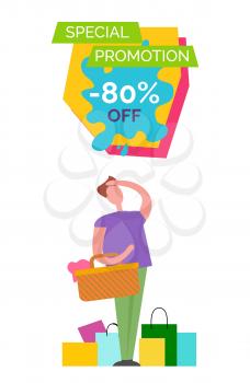 Special promotion -80 off placard depicting man dressed in purple shirt looking somewhere and standing by bags and basket vector illustration