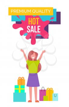 Premium quality hot sale promo banner with headline written in geometric shapes and happy lady with presents and bags vector illustration