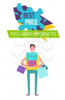 Best price and exclusive products, image representing male carrying bags and presents for his family on vector illustration isolated on white