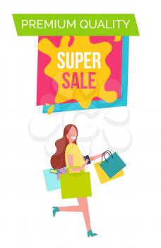 Premium quality super sale poster with title sample and text above and icon of lady with bags below vector illustration isolated on white