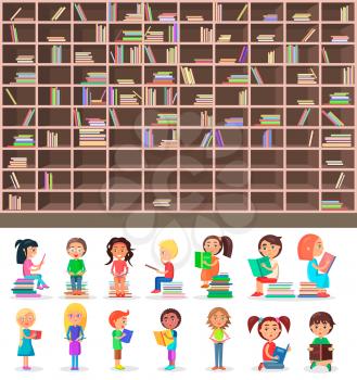 Big library wooden half-full bookcase and isolated smart children who read and learn with interest vector illustrations set.