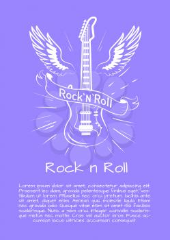 Rock n roll music bright poster with winged electrical guitar crossed by sign with words Rock and Roll. Vector illustration on purple background