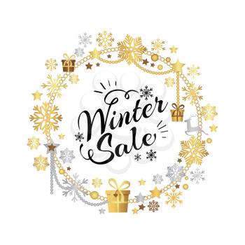 Winter sale poster in decorative frame made of silver and gold snowflakes, snowballs in xmas border, presents and gifts isolated on white vector