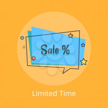 Limited time sale banner in square speech bubble with blue background and color stars vector illustration isolated on white. Poster with snowflake and percent sign