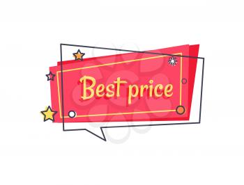 Best price proposition banner in square speech bubble with stars and snowball, vector illustration on red backdrop isolated on white. Special offer in store