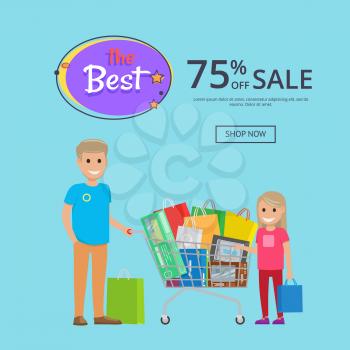Best sale 75 off online shopping poster with text shop now. Father and daughter making buys trolley cart full of bags, vector illustration