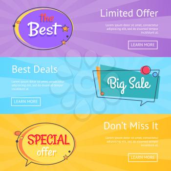 Limited offer best deals big sale set of web posters. Dont miss big sale online banners vector illustrations on colorful backgrounds