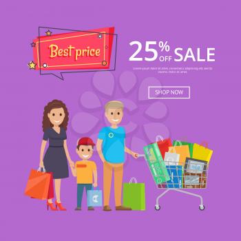 Best price proposition banner with family doing shopping together, mother father and son with trolley full of presents, vector with 25 sale online