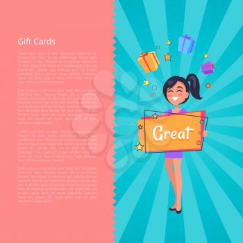 Gift card with smiling girl dreaming about boxes with presents holding billboard in hand with text great. Vector illustration woman and sale banner