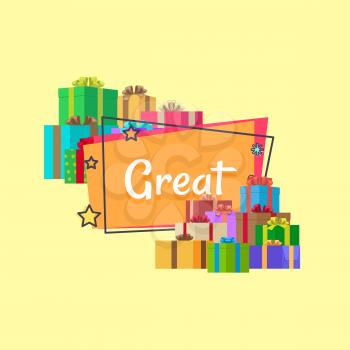 Great sale inscription surrounded by piles of presents and gift boxes vector illustration isolated on yellow background. Best offer discounts poster