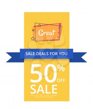 Sale deals for you 50 off sale with great inscription in parallelogram vector illustration isolated on white. Template with text, good proposal