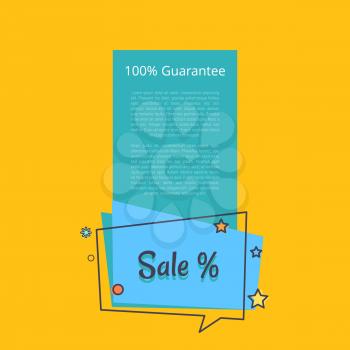 100 guarantee sale banner in square speech bubble with blue background and color stars vector isolated on yellow. Poster with percent sign and text