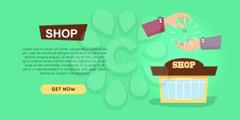 Buying shop online property selling web banner vector illustration. Advertising real estate e-commerce concept. Getting new key of beautiful shop. Business agreement of opening own business.