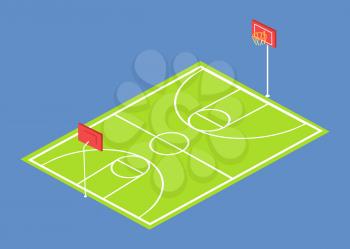 School stadium three dimensional vector illustration with basketball field isolated on blue background. Sportsground with baskets and green grass