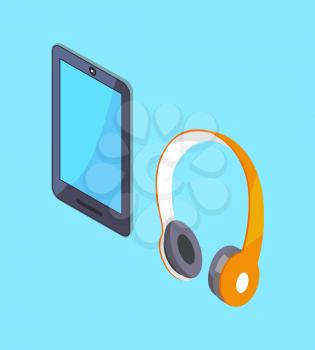 Wireless headphones and tablet vector three dimensional illustrations isolated on blue background. Earphones and smartphone modern stereo equipment