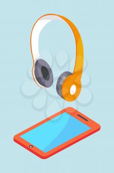 Earphones and smartphone modern stereo equipment. Wireless headphones and tablet vector three dimensional illustrations isolated on blue background.