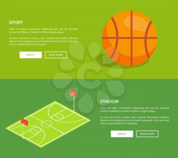 Sport stadium web posters with basketball school playground 3D vector illustration with ball and field, text on green. Sportsground with baskets and grass