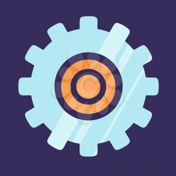 Gear icon logo design isolated on blue background. Mechanical element made of stainless steel vector illustration in flat style