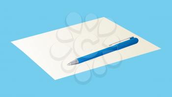 Pen on blank sheet of paper isolated on blue background. Vector illustration of writing tool with ballpoint and handle at end. School stationery object