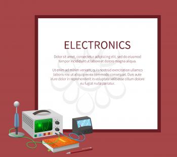 Electronics banner with place for text in frame and textbook, ballpoint pen and various electricity related devices for measuring signals