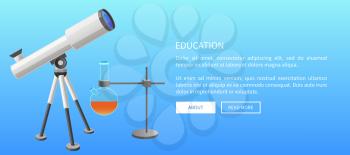 Education web banner with modern refractor telescope with steel tripod and metal retort stand with clamp glass laboratory flask vector illustration