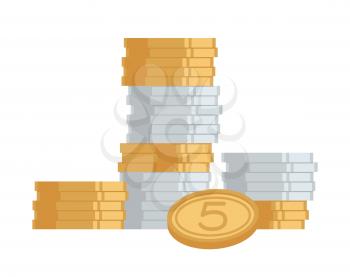 Stack of huge golden and silver coins with digit 5 on one of them. Vector illustration of icon of money isolated on white background