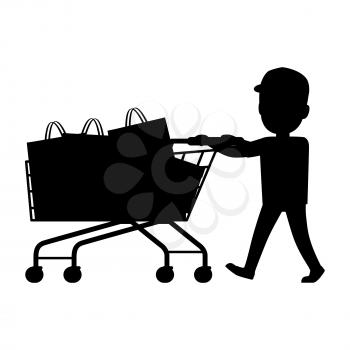 Boy push cart full of purchases on white background. Black and white silhouette of boy and cart isolated vector illustration. Cartoon boy has fun during shopping. Collection of family members.