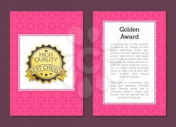 Golden award high quality approved best choice gold label with text vector isolated on pink and white. Certificate seal or stamp, flat design