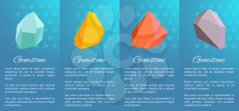 Gemstones collection of posters that consist images of stones and information on them placed below icons, vector illustration isolated on blue