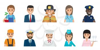 Gardener with plant, businessman, brave firefighter, doctor, African policeman, plumber, Italian chef, stewardess and waitress vector illustrations.