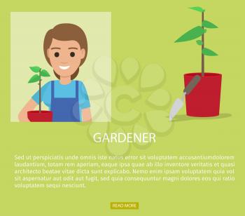 Gardener advertisement web page vector illustration. Yardman or landscape designer with flower pot and working tool, resume design