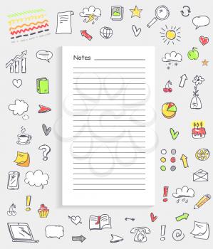 Notes and collection of icons representing different things including marks and food, gadgets and diagrams on vector illustration isolated on white