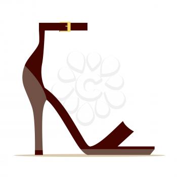 Ankle strap scarlet shoe with gold clasp isolated on white background. Vector illustration of elegant women s shoes. Fashionable shoes with high heels. New summer stylish collection of high heels