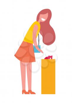 Smiling woman with orange skirt pointing at red shoes in shop as if she wants to try them on and buy vector illustration isolated on white.