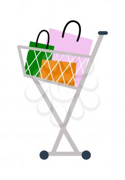 Big icon of grey shopping cart full of bags of green, orange and pink colours depicted on vector illustration isolated on white background