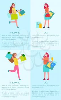 Shopping and sale set of four posters which demonstrating women with bags, happy because of buying things and text sample vector illustration