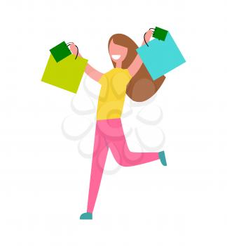 Happy smiling woman with yellow sweater returning from shopping holding bags bought from shops vector illustration isolated on white background