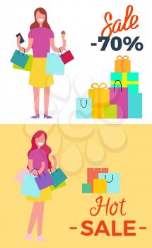-70 sale and hot sale propositions. Vector illustration contains two females with colorful shopping bags and texts with sale propositions
