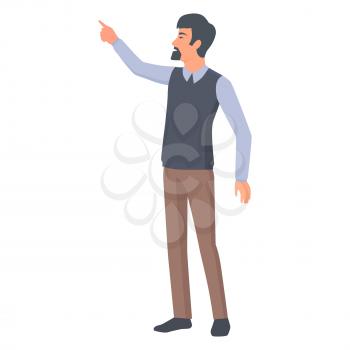 Man with beard in official style cloth pointing out on something by stretched hand vector illustration in flat style design
