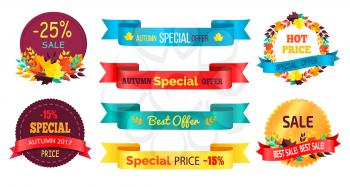 Best products sale labels set with text, percent signs and discounts written on arrow ribbons and round sticker in autumn fall concepts vector