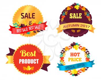 Best sale 2017 autumn discount buy now hot price promo posters with percent signs, round advertisement labels with foliage vector isolated on white